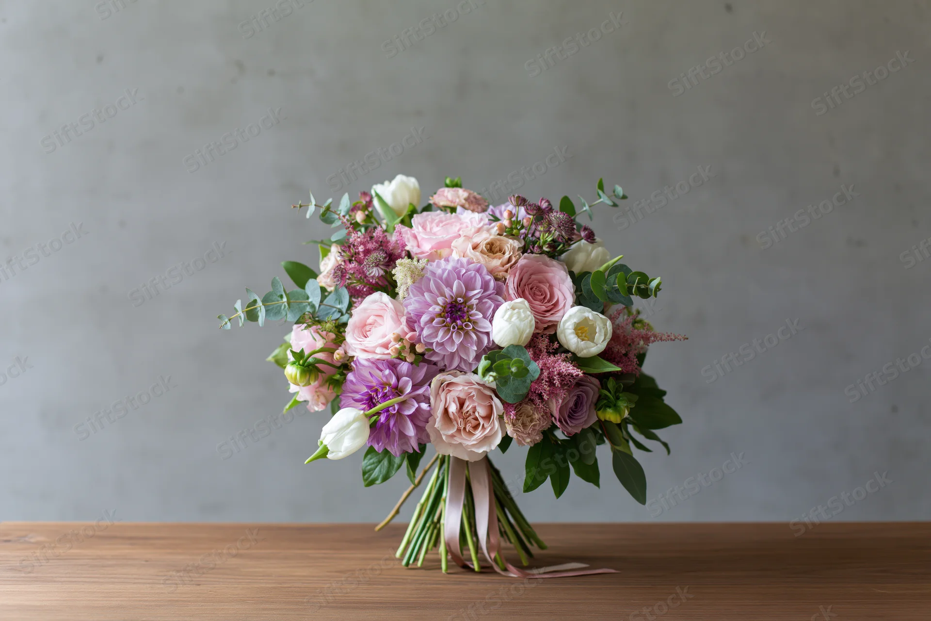 Mixed flower bouquet with pink roses, purple dahlias, white tulips and greenery arranged on wooden table