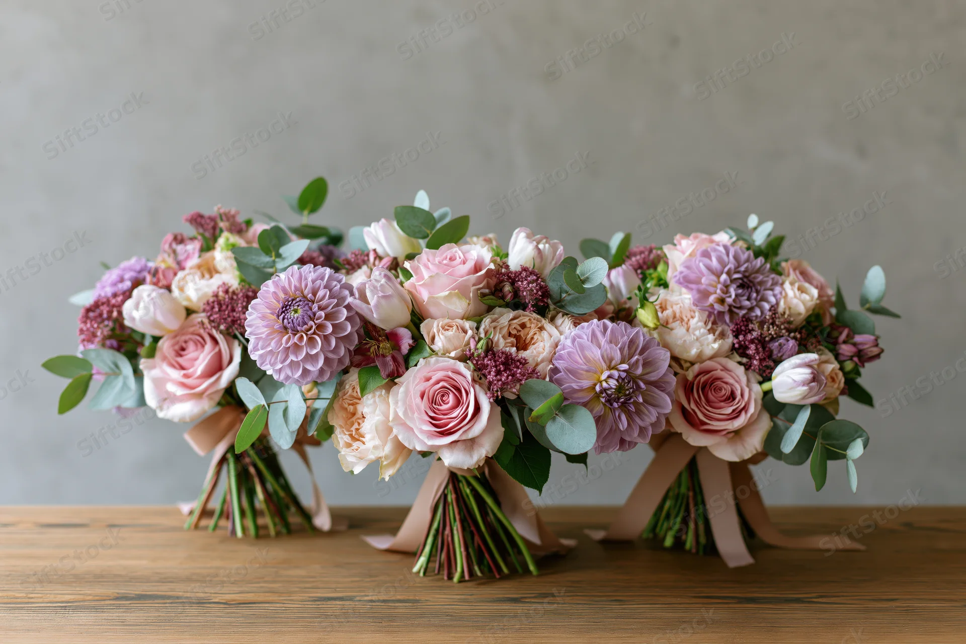 Three mixed flower bouquets arranged on a wooden table with pink roses, purple dahlias, and eucalyptus leaves tied with ribbons