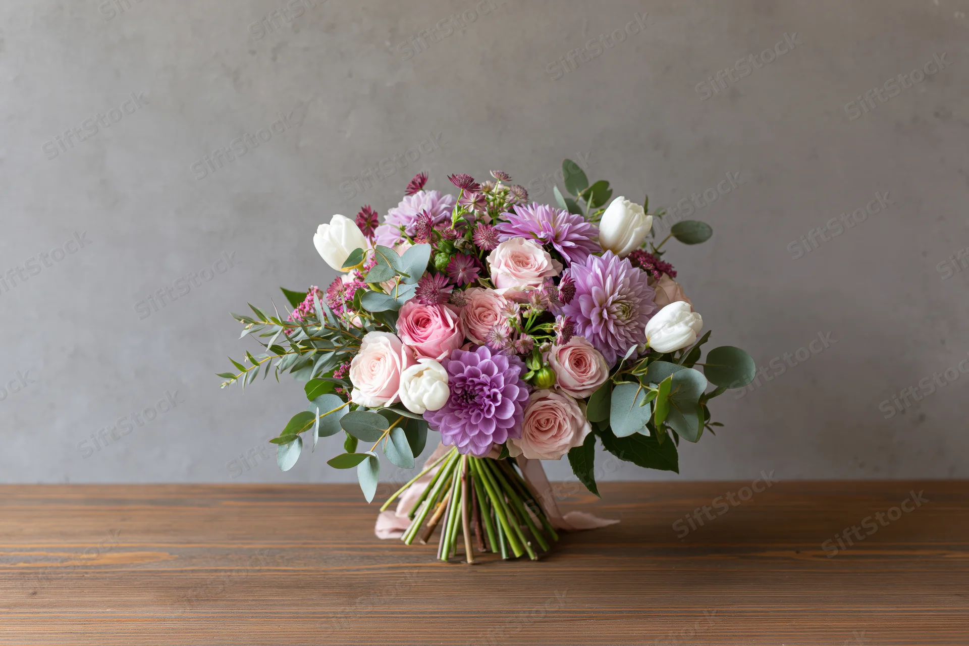 Mixed flower bouquet with pink roses, purple dahlias, white tulips and greenery arranged on wooden table