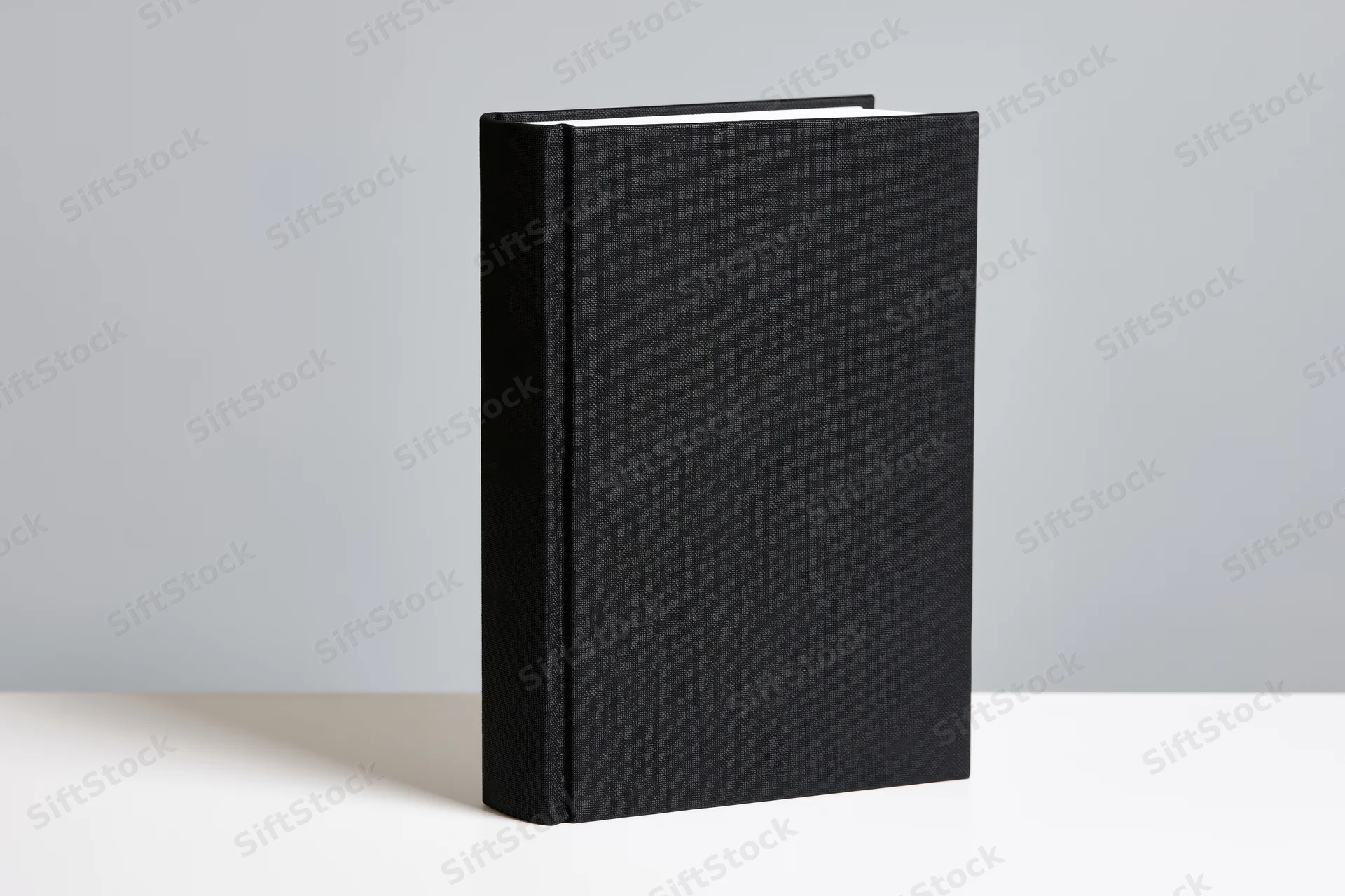 Black hardcover book standing upright on white surface
