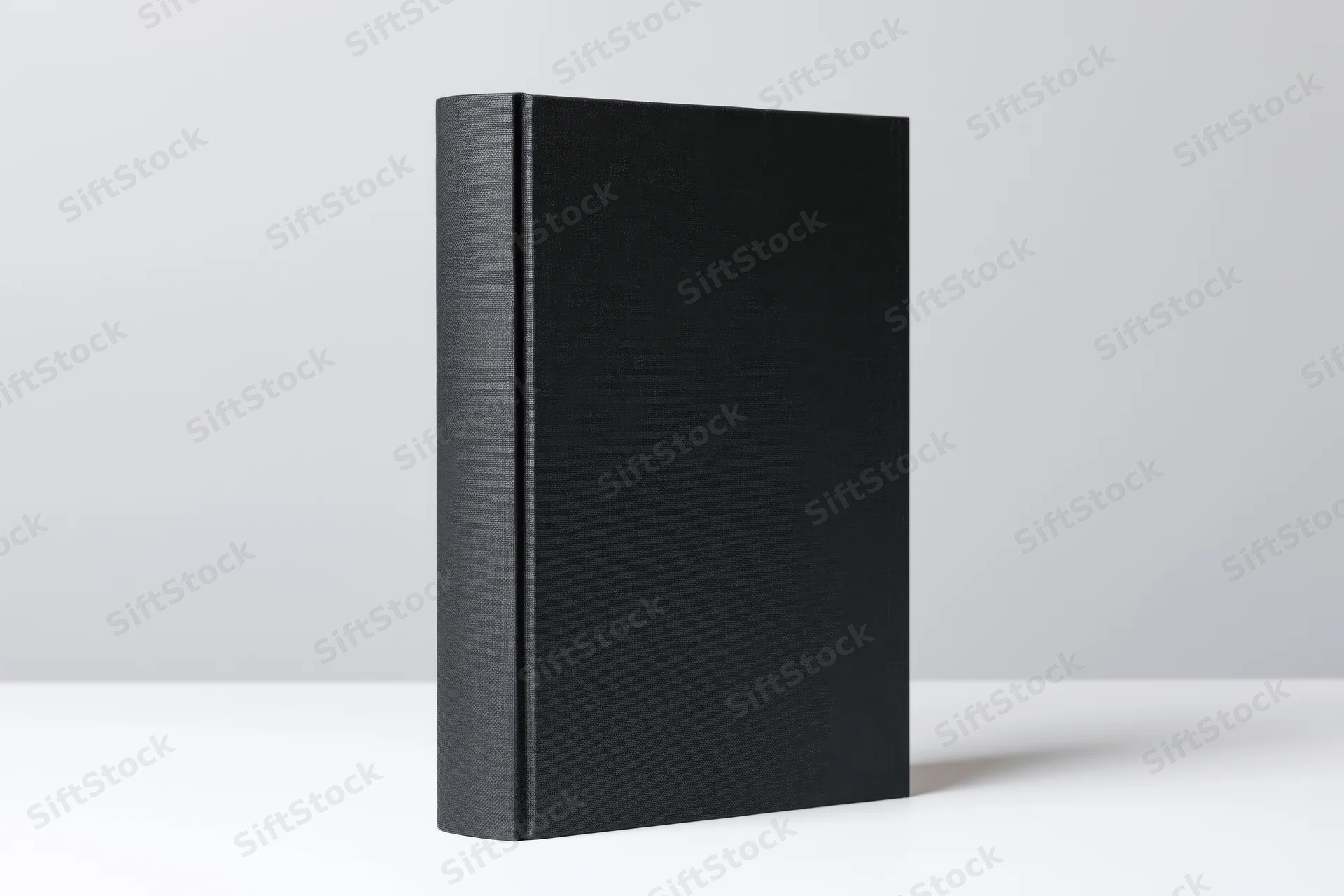 Plain black hardcover book standing upright on a white surface