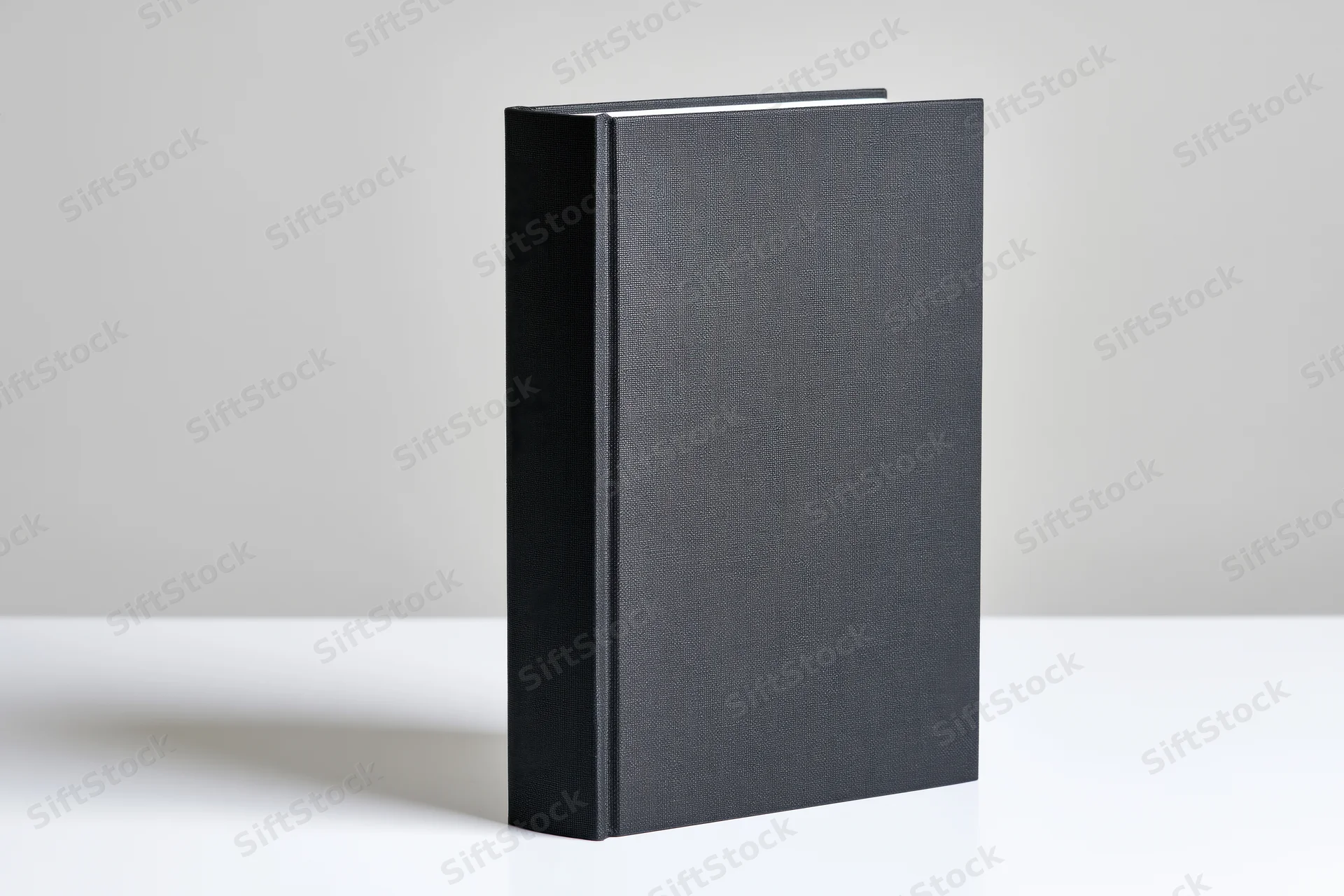 Black hardcover book standing upright on white surface
