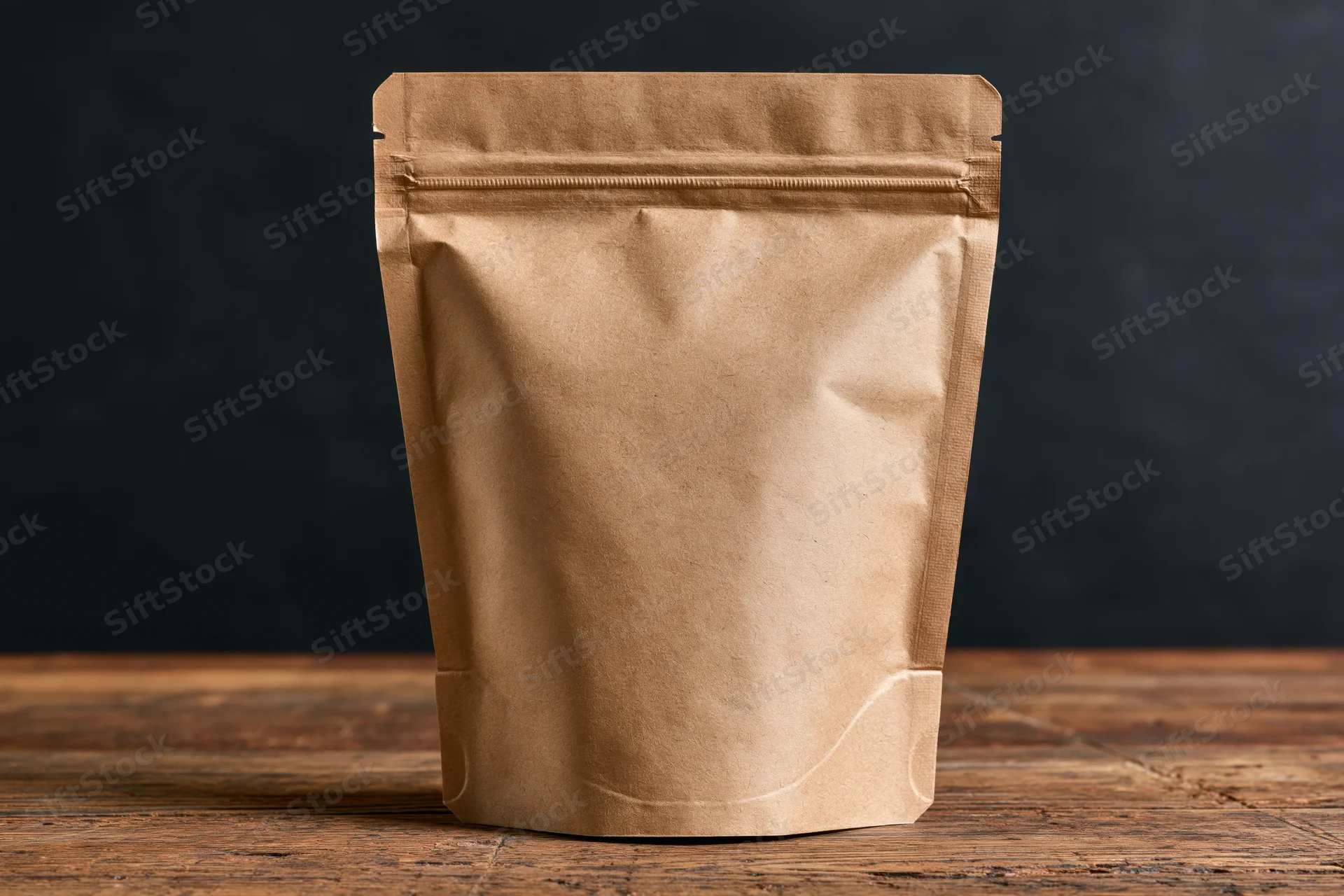 Plain kraft paper zip-lock pouch standing upright on a worn wooden table