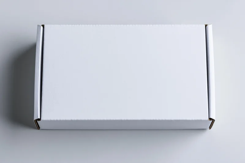 Plain white rectangular cardboard mailer box viewed from above on a neutral gray surface