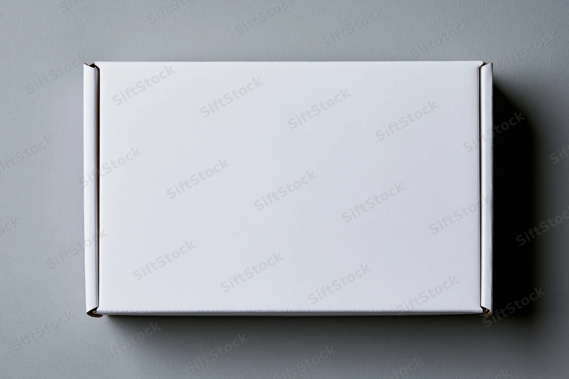 Plain white rectangular cardboard mailer box photographed from above on a gray surface