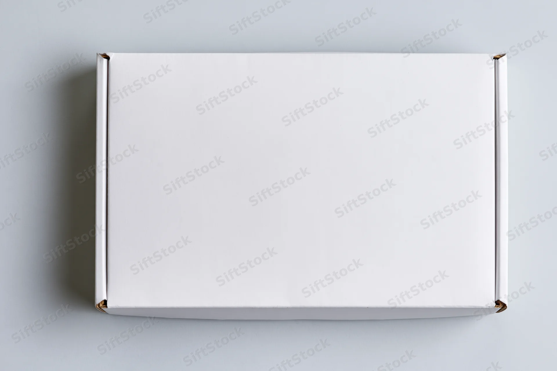 Plain white rectangular cardboard mailer box photographed from above on a neutral surface