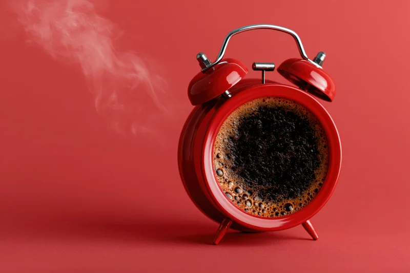 Red vintage twin-bell alarm clock filled with steaming coffee on a red background