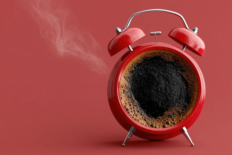 Red vintage twin-bell alarm clock filled with steaming coffee on a solid red background