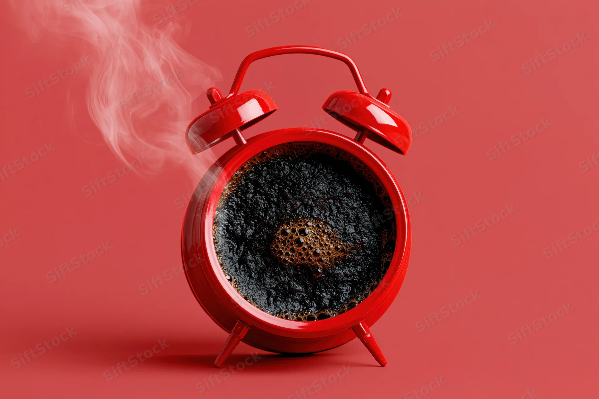 Red vintage twin-bell alarm clock filled with steaming coffee on a solid red background