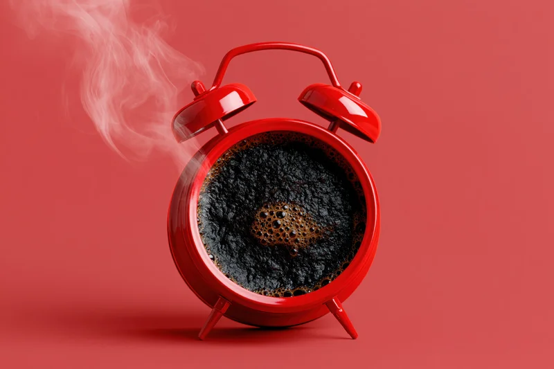 Red vintage twin-bell alarm clock filled with steaming coffee on a solid red background