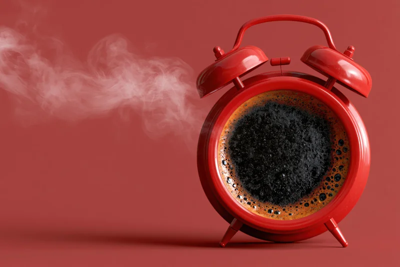 Red vintage twin-bell alarm clock filled with dark coffee and steam rising from it on a solid red background