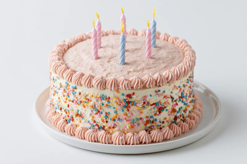 Round birthday cake with five lit candles on a white plate