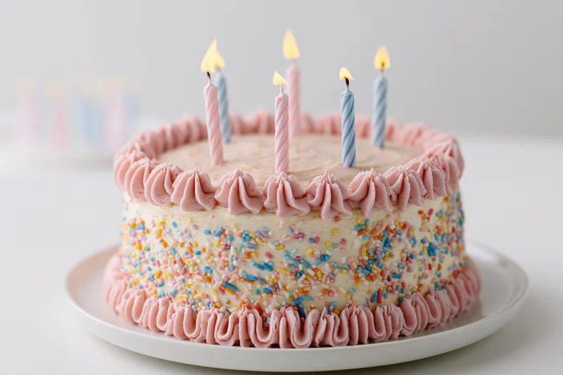 Round birthday cake with five lit candles on a white plate, decorated with pink frosting, sprinkles, and ruffled edges