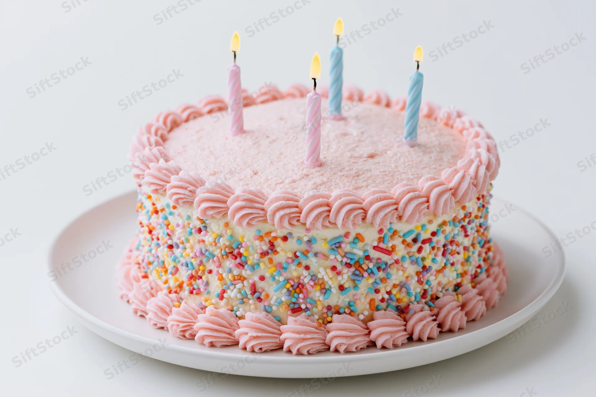 Round birthday cake with pink frosting and lit candles on white plate