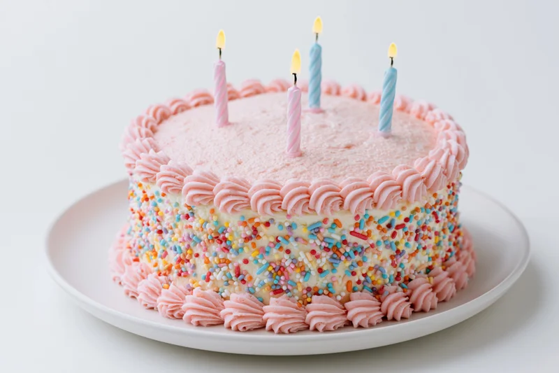 Round birthday cake with pink frosting and lit candles on white plate