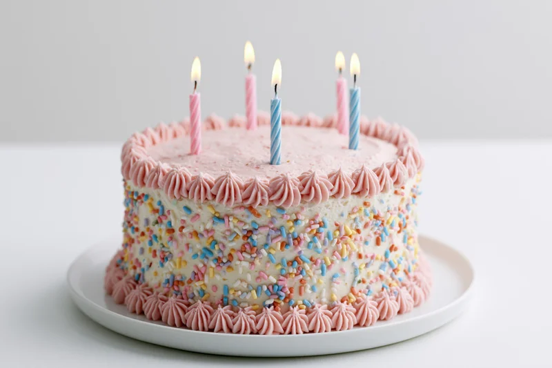 Round birthday cake with five lit candles on a white plate