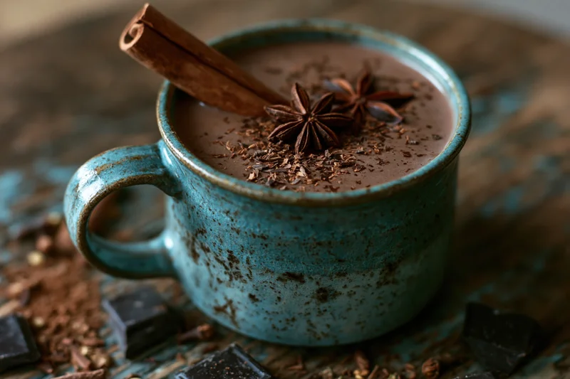 Rustic teal ceramic mug filled with hot chocolate topped with cinnamon stick and star anise on wooden surface