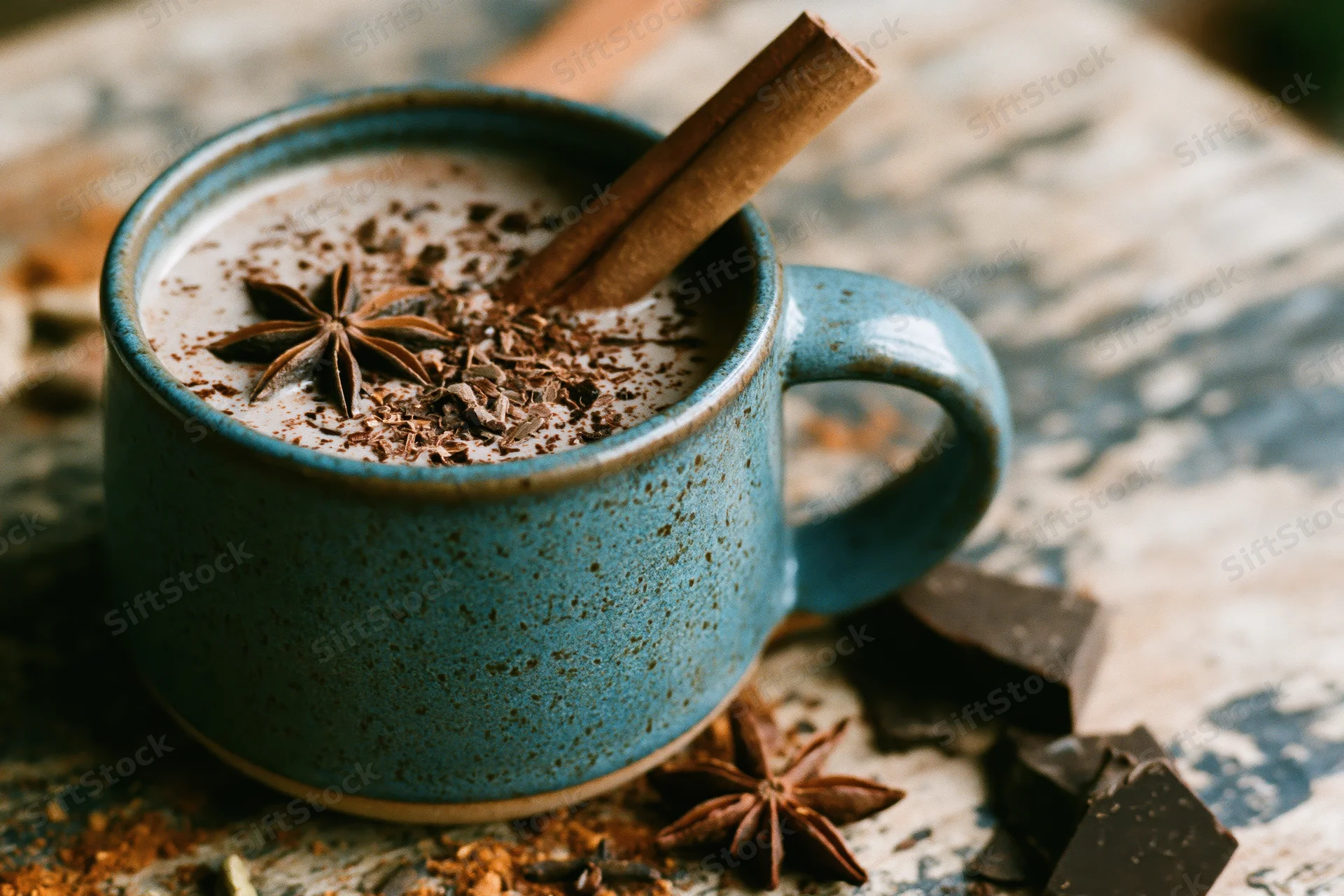 Teal ceramic mug filled with creamy hot chocolate topped with chocolate shavings, cinnamon stick and star anise on rustic wooden surface