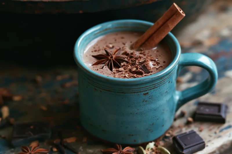 Teal ceramic mug filled with hot chocolate topped with cinnamon stick and star anise on rustic surface