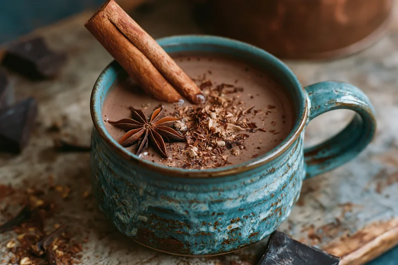 Creamy hot chocolate in a rustic teal ceramic mug garnished with cinnamon stick and star anise on a wooden surface