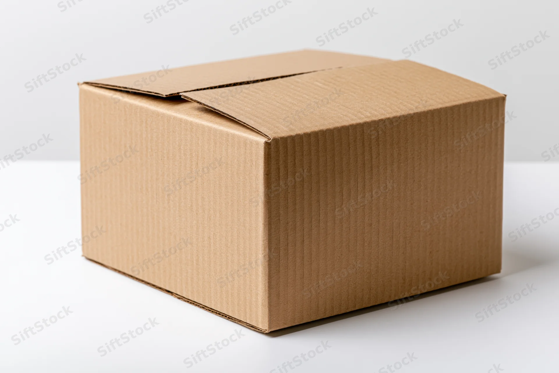 Sealed corrugated cardboard shipping box on plain white surface