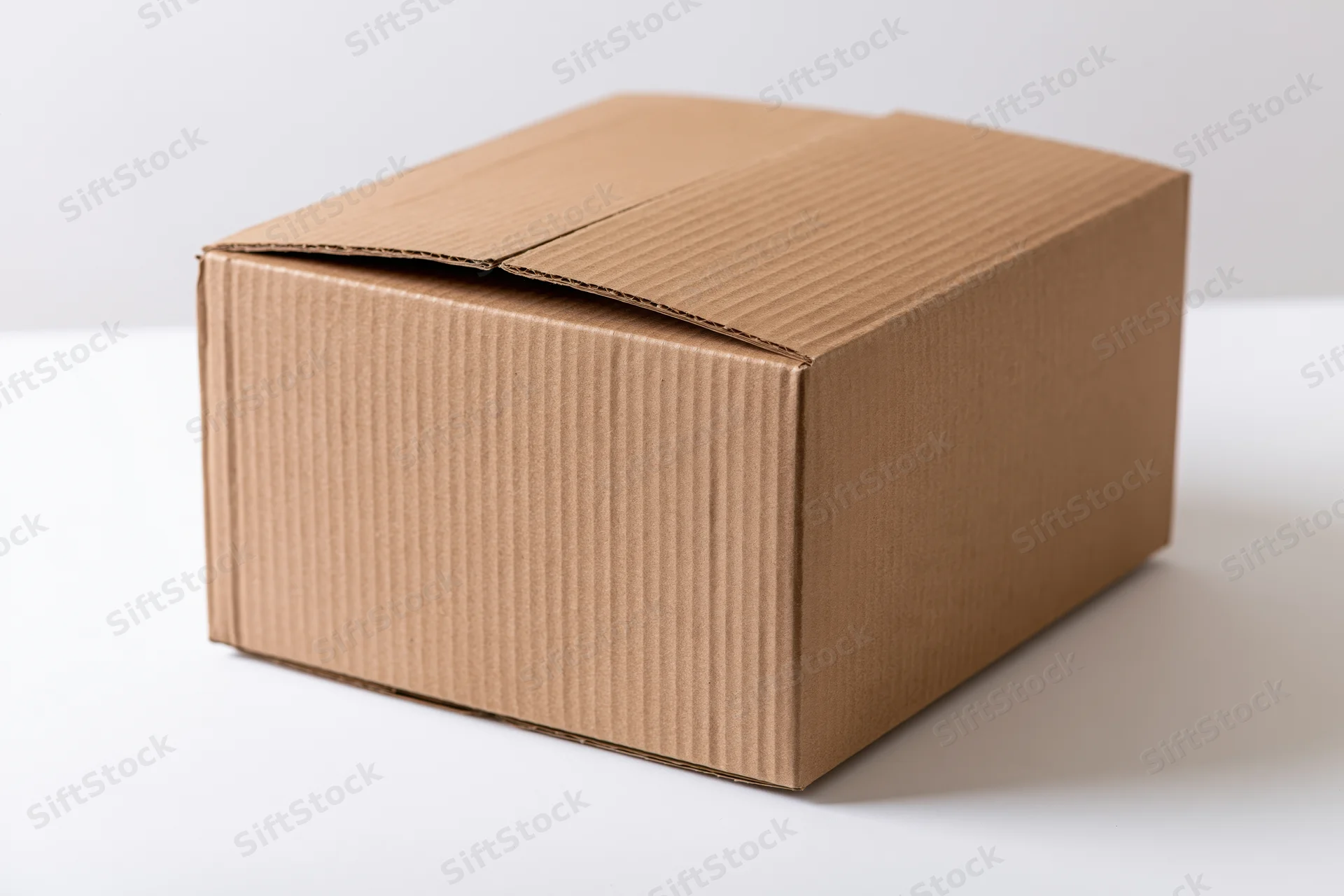 Sealed corrugated cardboard shipping box on plain white surface