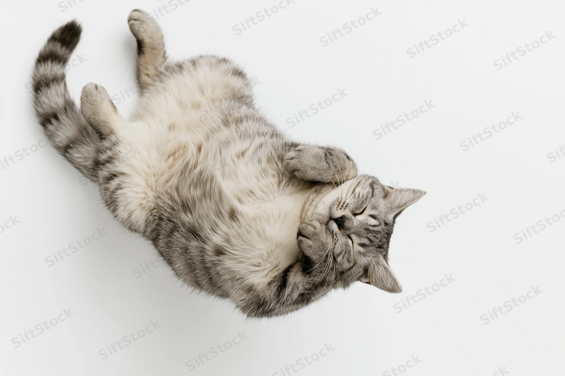 Silver tabby cat lying on its back with paws tucked and eyes closed on white background