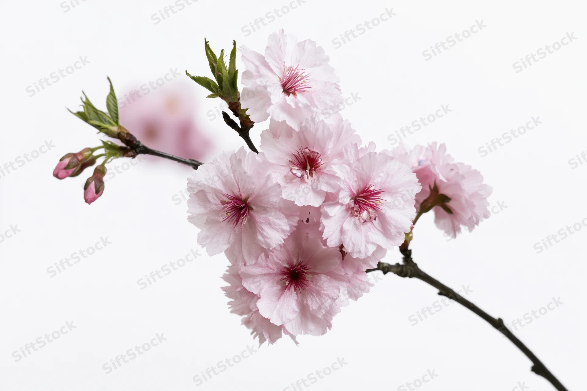 Cherry blossom branch with open pink flowers and buds on white background