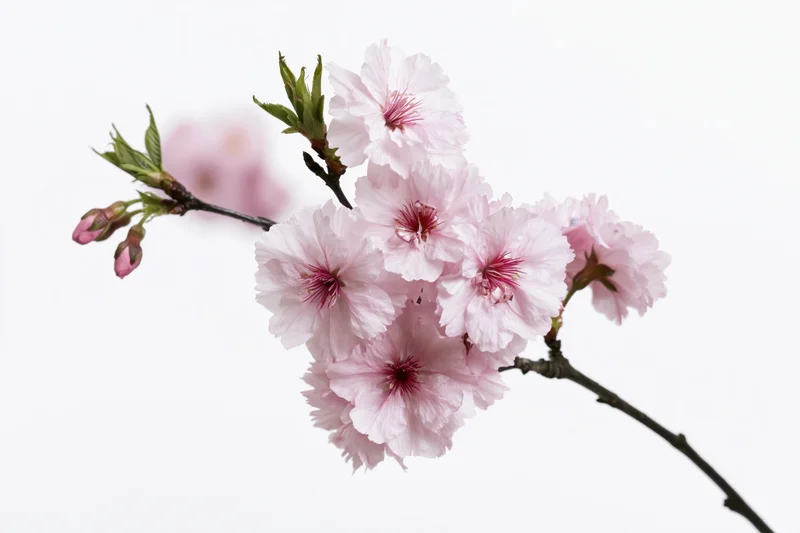 Cherry blossom branch with open pink flowers and buds on white background