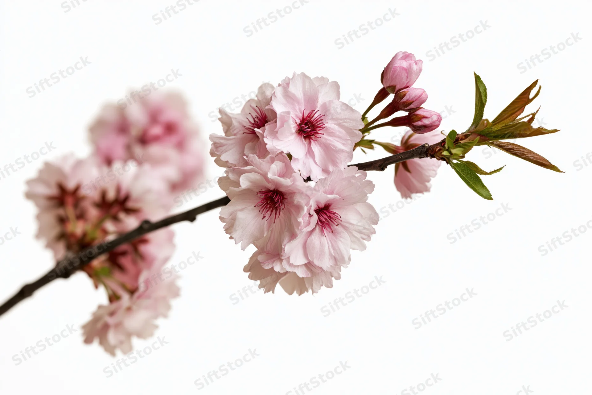 Cherry blossom branch with clusters of open pale pink flowers and buds on a white background