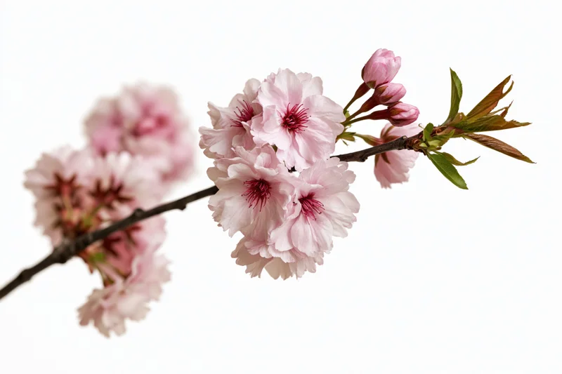 Cherry blossom branch with clusters of open pale pink flowers and buds on a white background