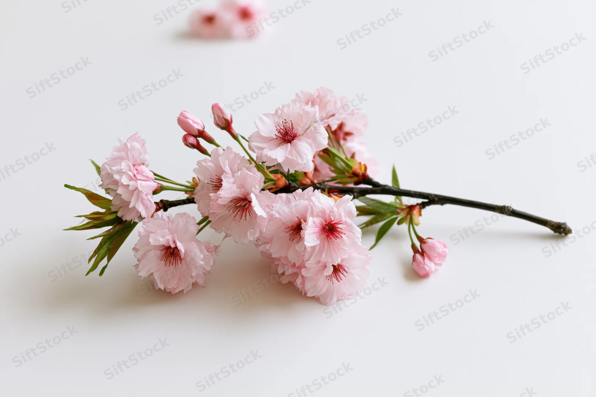 Cherry blossom branch with open pink flowers and buds lying on white surface