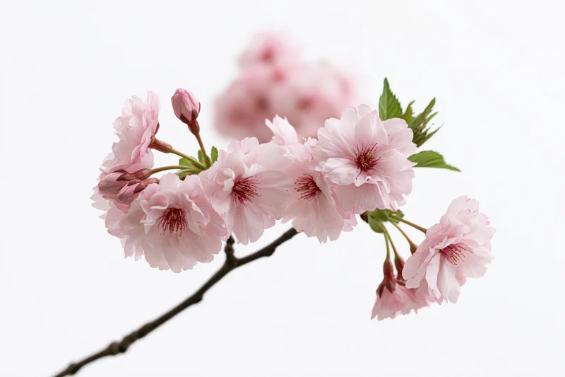 Cherry blossom branch with clusters of open pale pink flowers isolated on white background