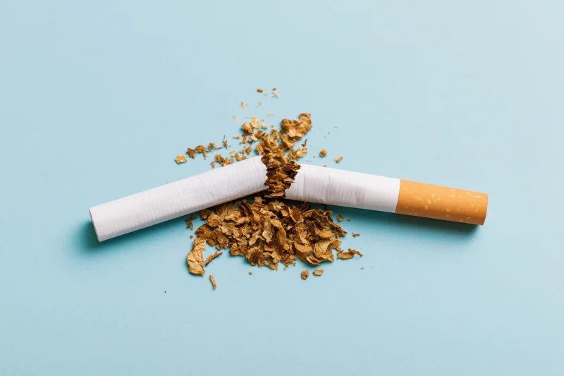 Broken cigarette with loose tobacco scattered on blue background