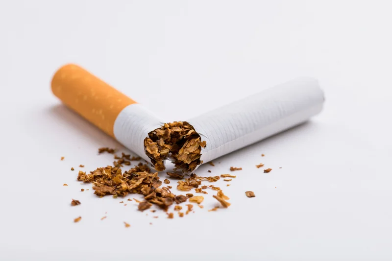 Broken cigarette lying on white surface with tobacco spilled out