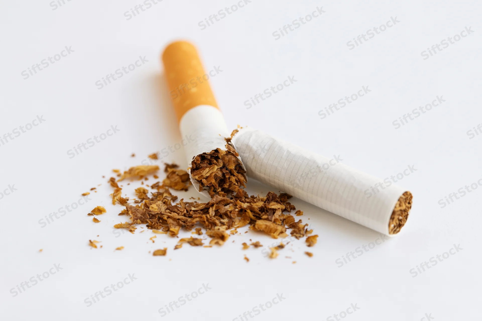 Broken cigarette lying on white surface with tobacco spilled out