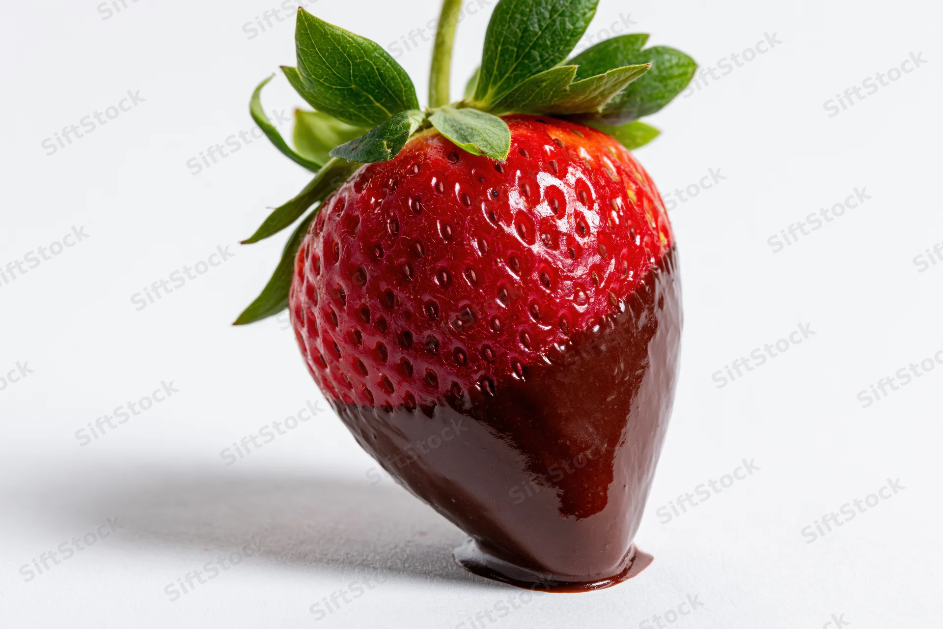 Single ripe strawberry half-dipped in dark chocolate on white background