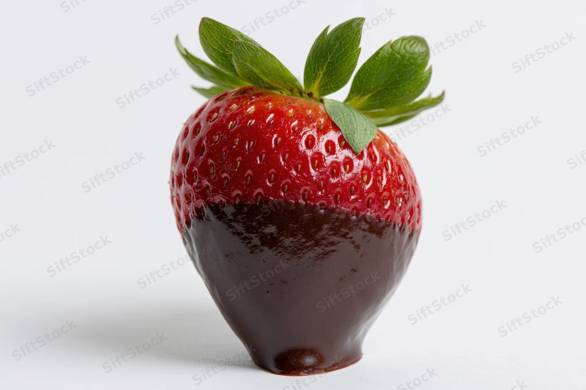 A ripe strawberry half-dipped in dark chocolate on a white background