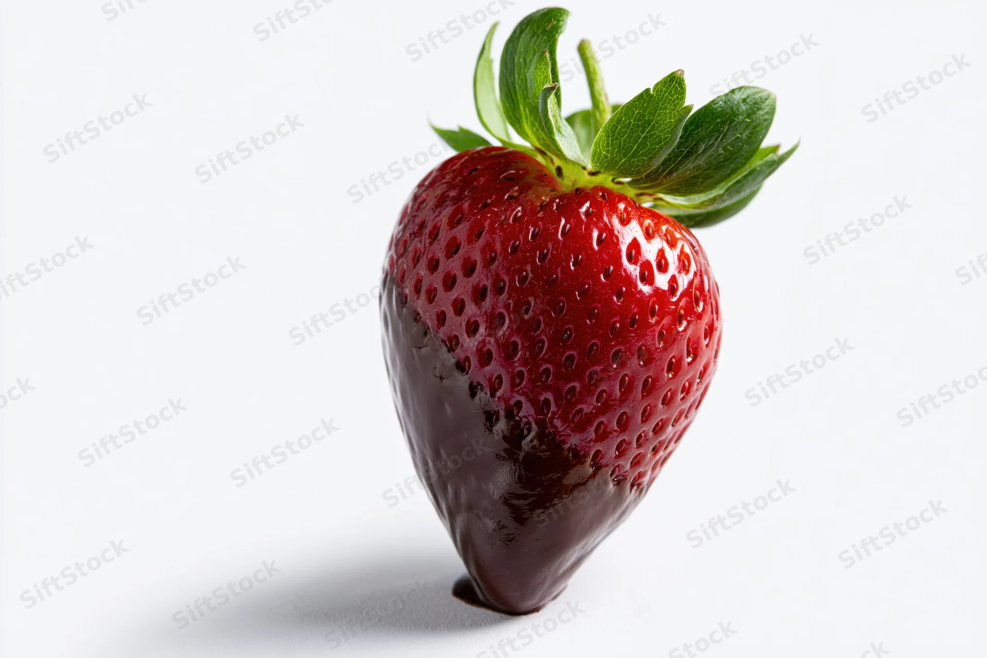 Single ripe strawberry half-dipped in dark chocolate on white background