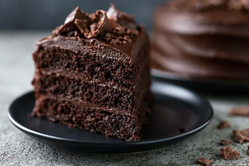 Slice of triple-layer dark chocolate cake with thick ganache frosting on black plate