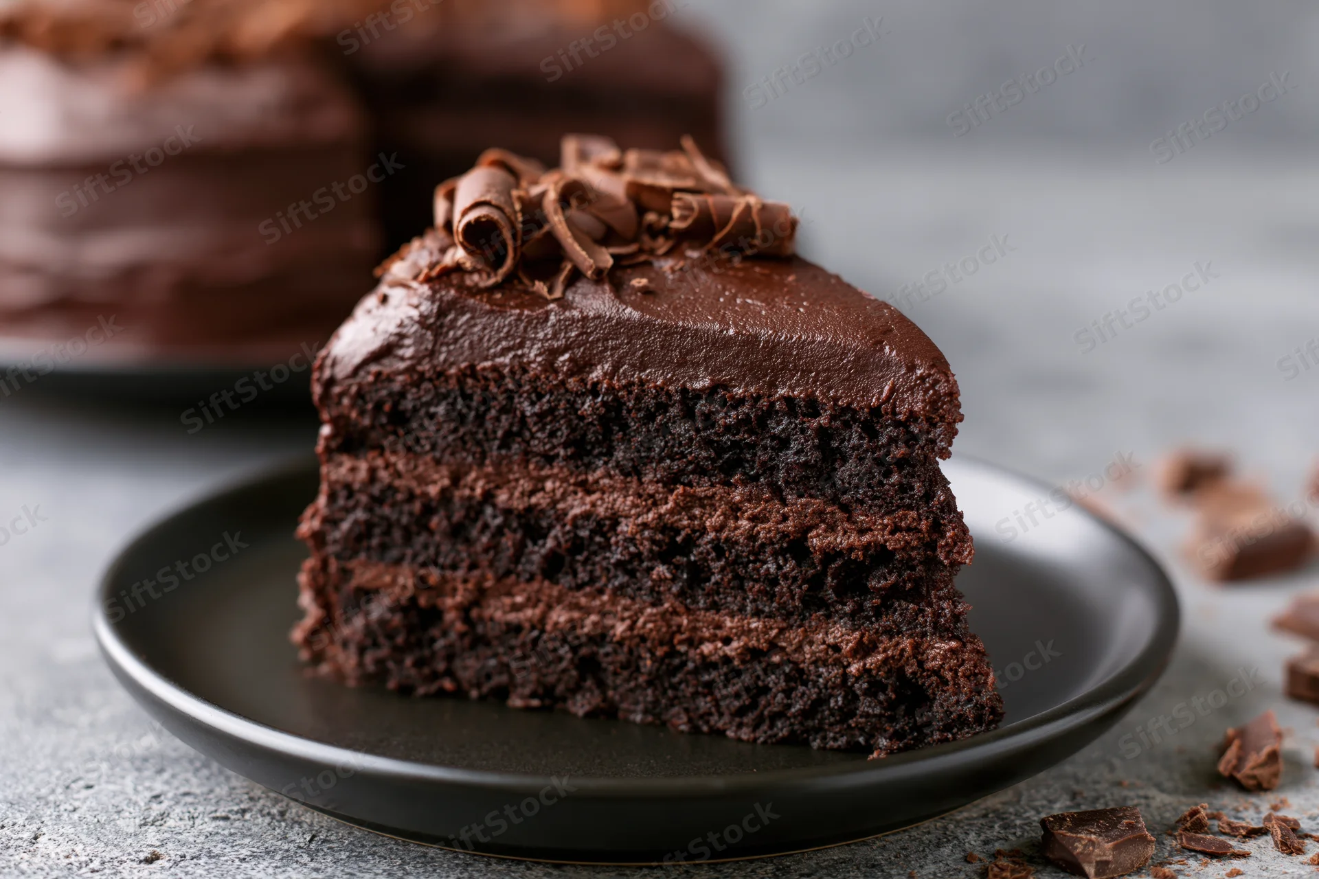 Slice of triple-layer dark chocolate cake with thick ganache on black plate, surrounded by chocolate shavings on gray surface
