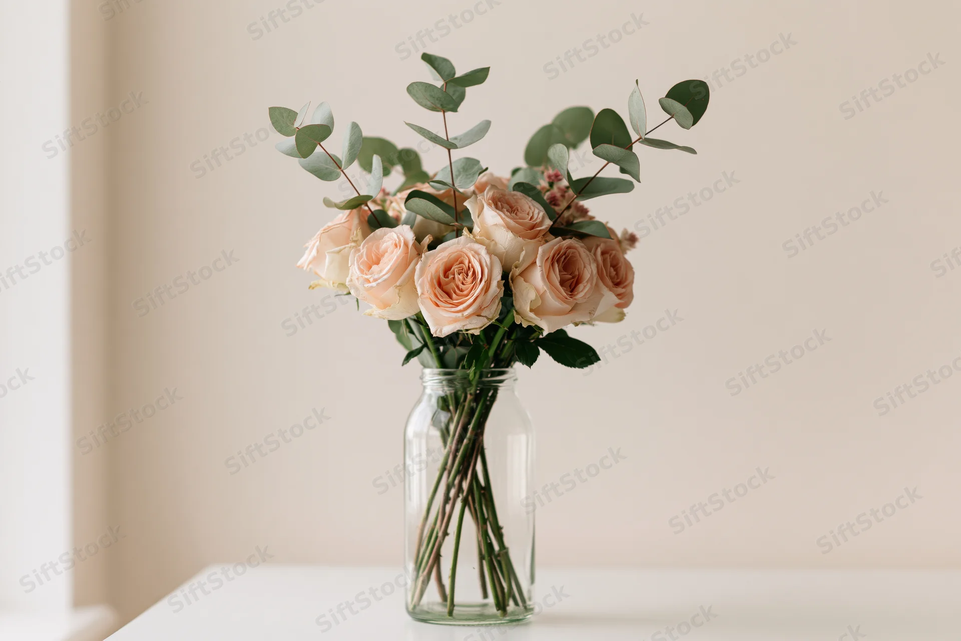 Peach roses and eucalyptus arranged in a glass vase on a white table