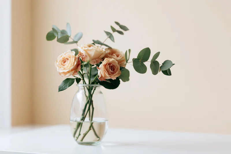Peach roses and eucalyptus arranged in a glass vase on a white surface