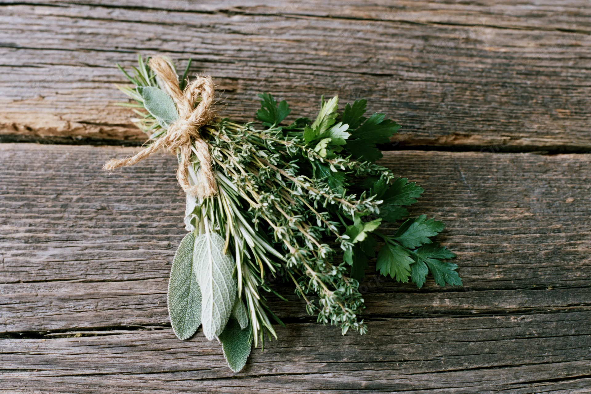 Bundle of fresh herbs tied with twine resting on a weathered wooden surface