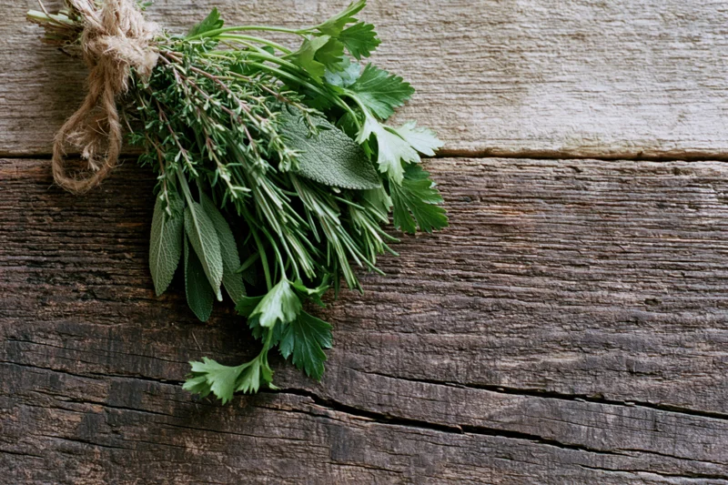 A bundle of fresh mixed herbs tied with twine resting on a rustic wooden surface