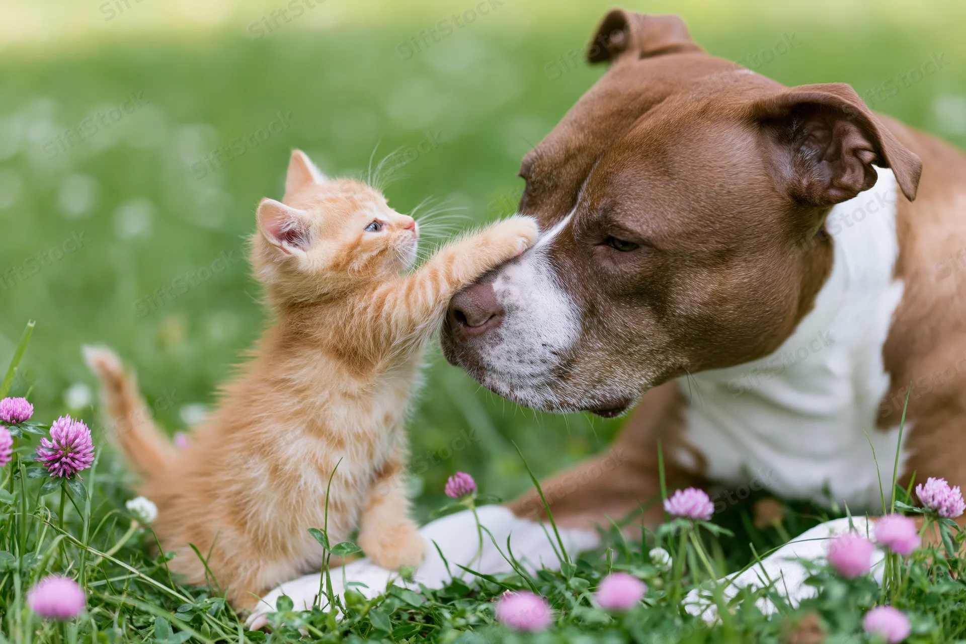 Ginger kitten reaching up to paw at the muzzle of a brown and white dog lying in a grassy field with pink clover flowers