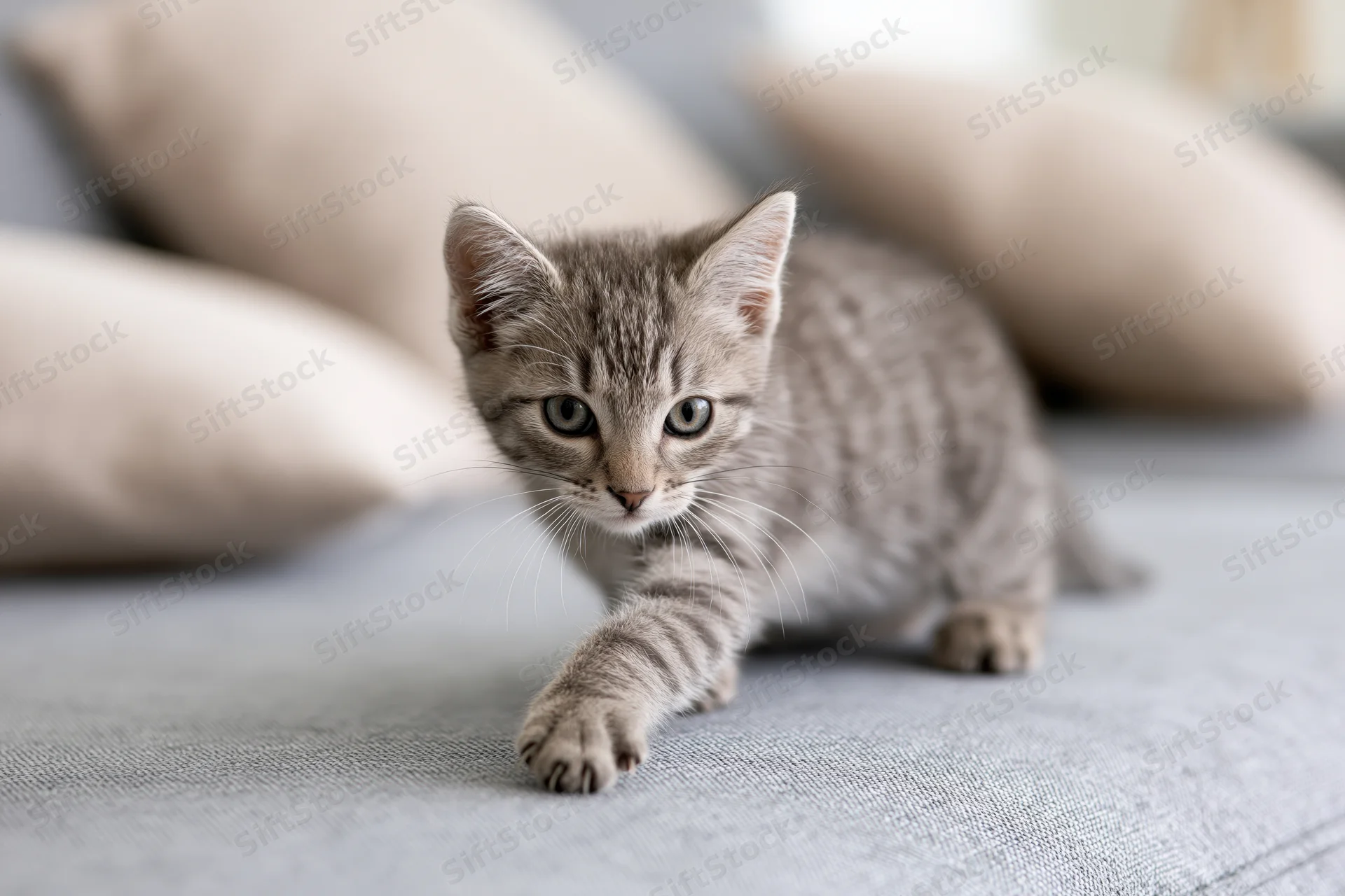 Grey tabby kitten crouching alert on light grey fabric sofa with cushions in background