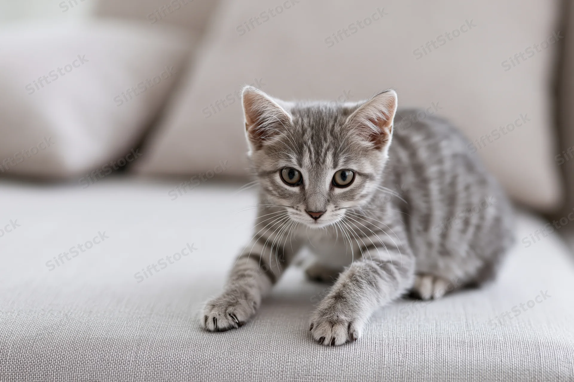 Grey tabby kitten crouching alert on light grey fabric couch