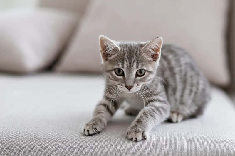 Grey tabby kitten crouching alert on light grey fabric couch