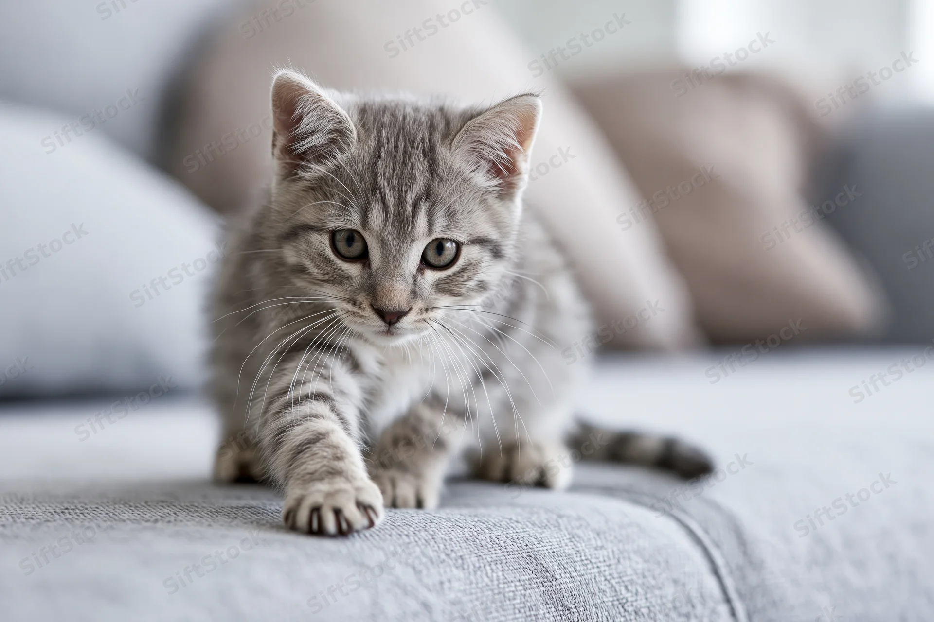 Grey tabby kitten crouching alert on light grey fabric couch